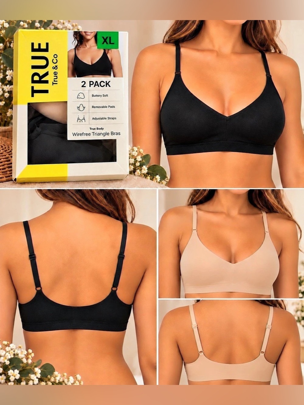 True & Co True Body Wirefree Triangle Bra 2 Pack Bras Black & Beige XL